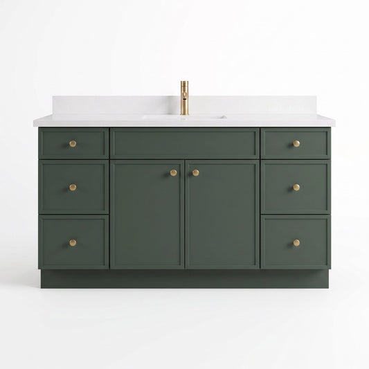 60 inch forest green slim shaker bathroom vanity with white quartz top, studio front view