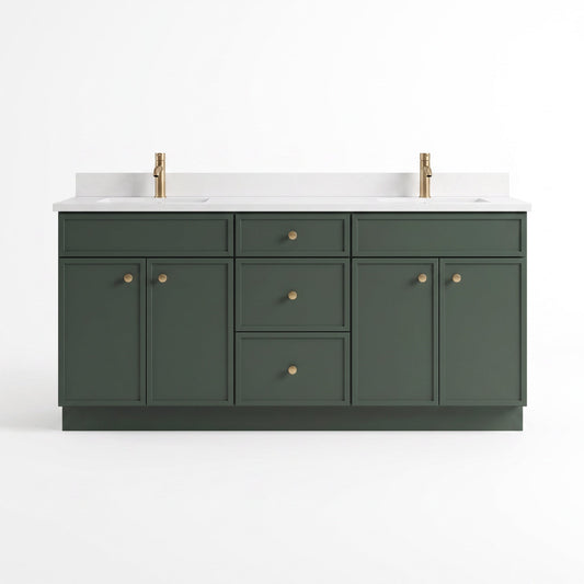 72 inch forest green slim shaker double sink vanity with white quartz top, studio front view